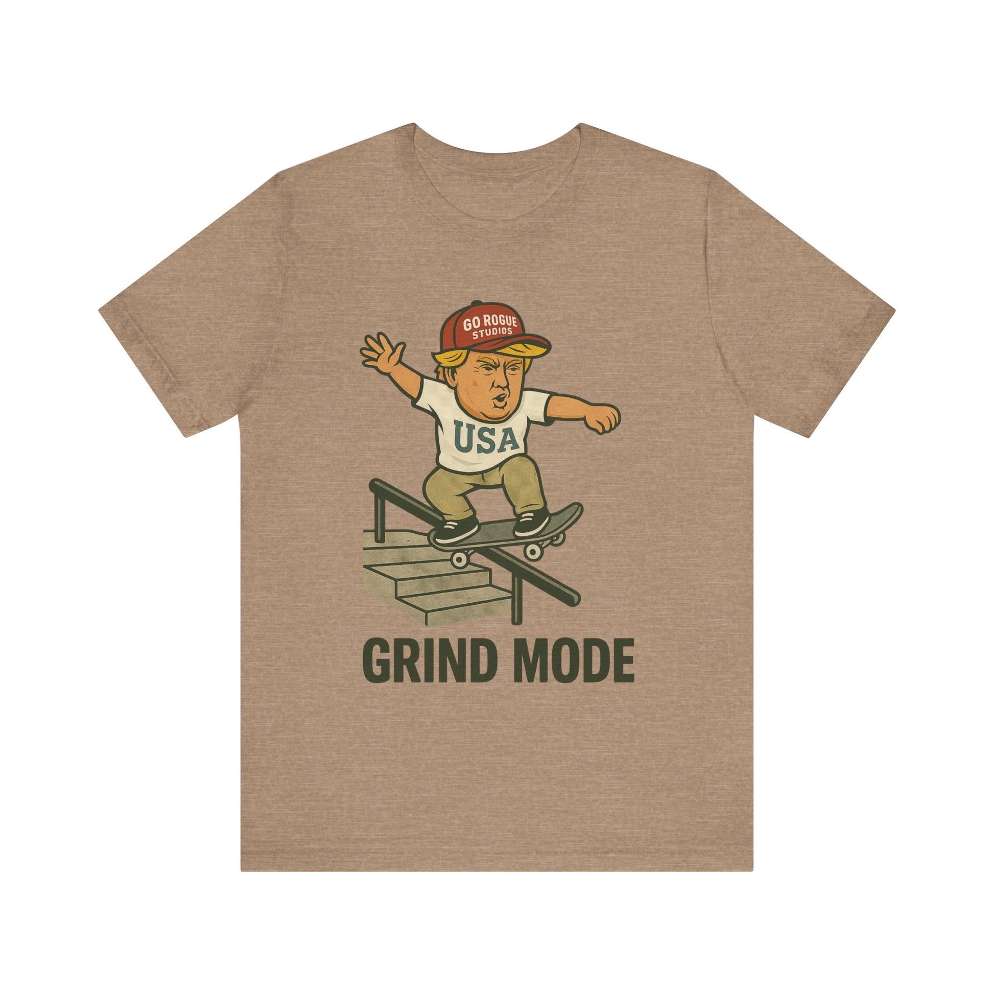 Skateboarder Graphic Tee with Donald Trump, Perfect for Streetwear, Gift for Skaters, Casual Wear, Summer Styles, Grind Mode Design