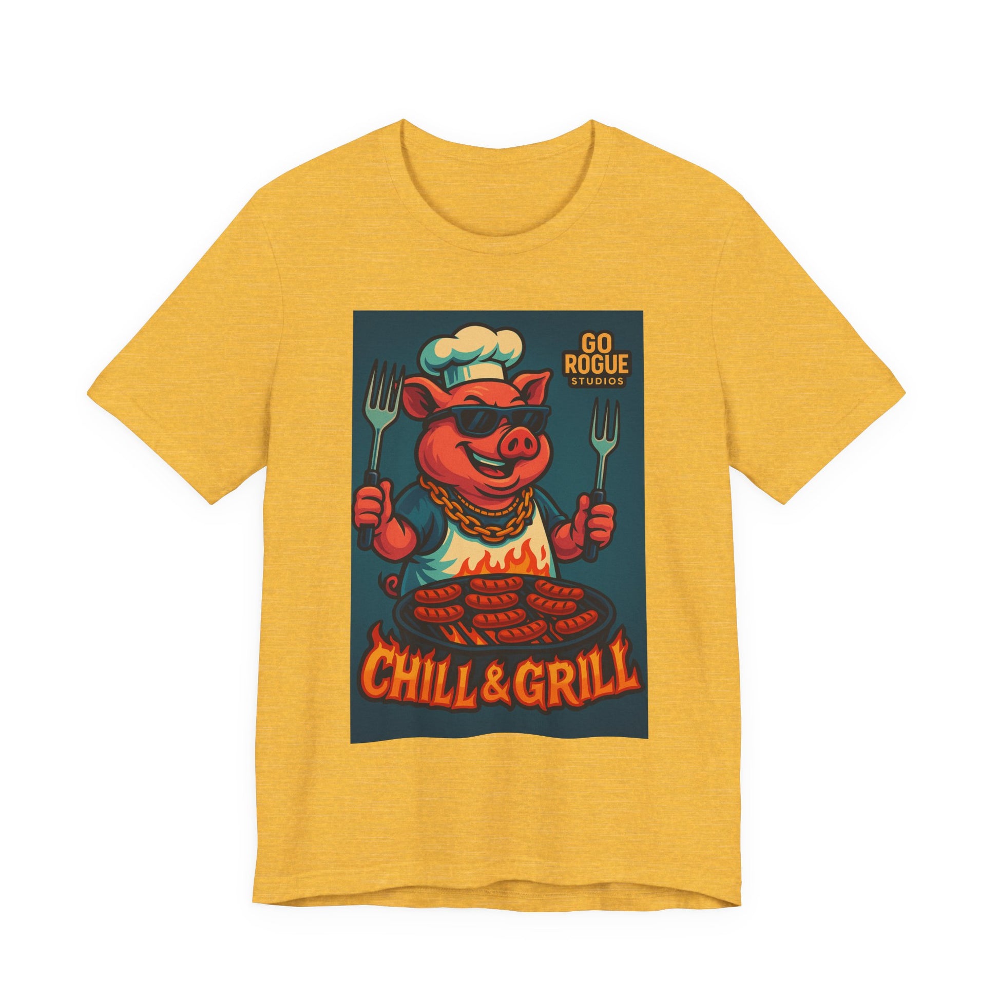 Vintage BBQ Pig Short Sleeve Tee, Chill & Grill Shirt, Funny Cooking T-Shirt, Great for BBQ Lovers, Summer Grill Gear, Chef Gift