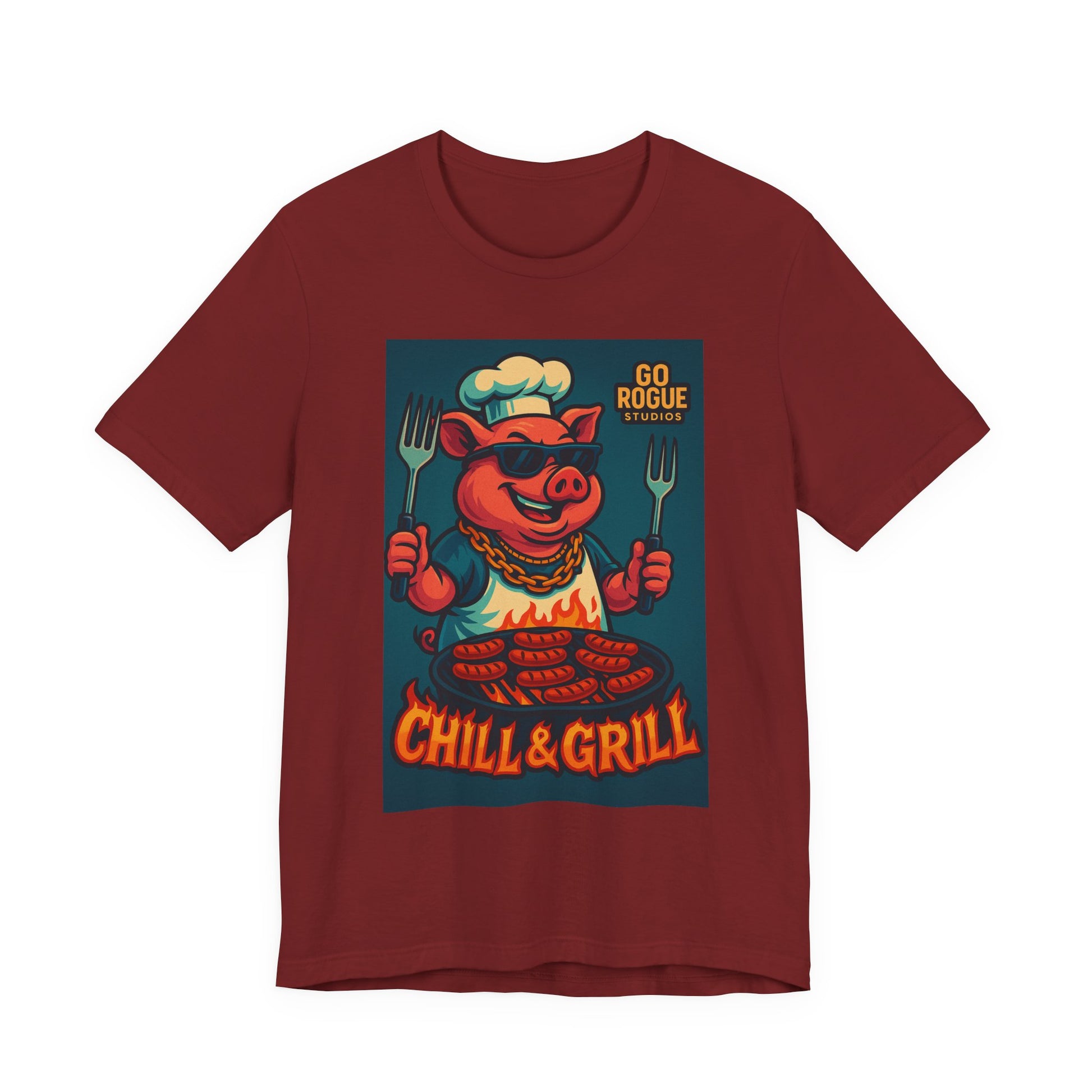 Vintage BBQ Pig Short Sleeve Tee, Chill & Grill Shirt, Funny Cooking T-Shirt, Great for BBQ Lovers, Summer Grill Gear, Chef Gift