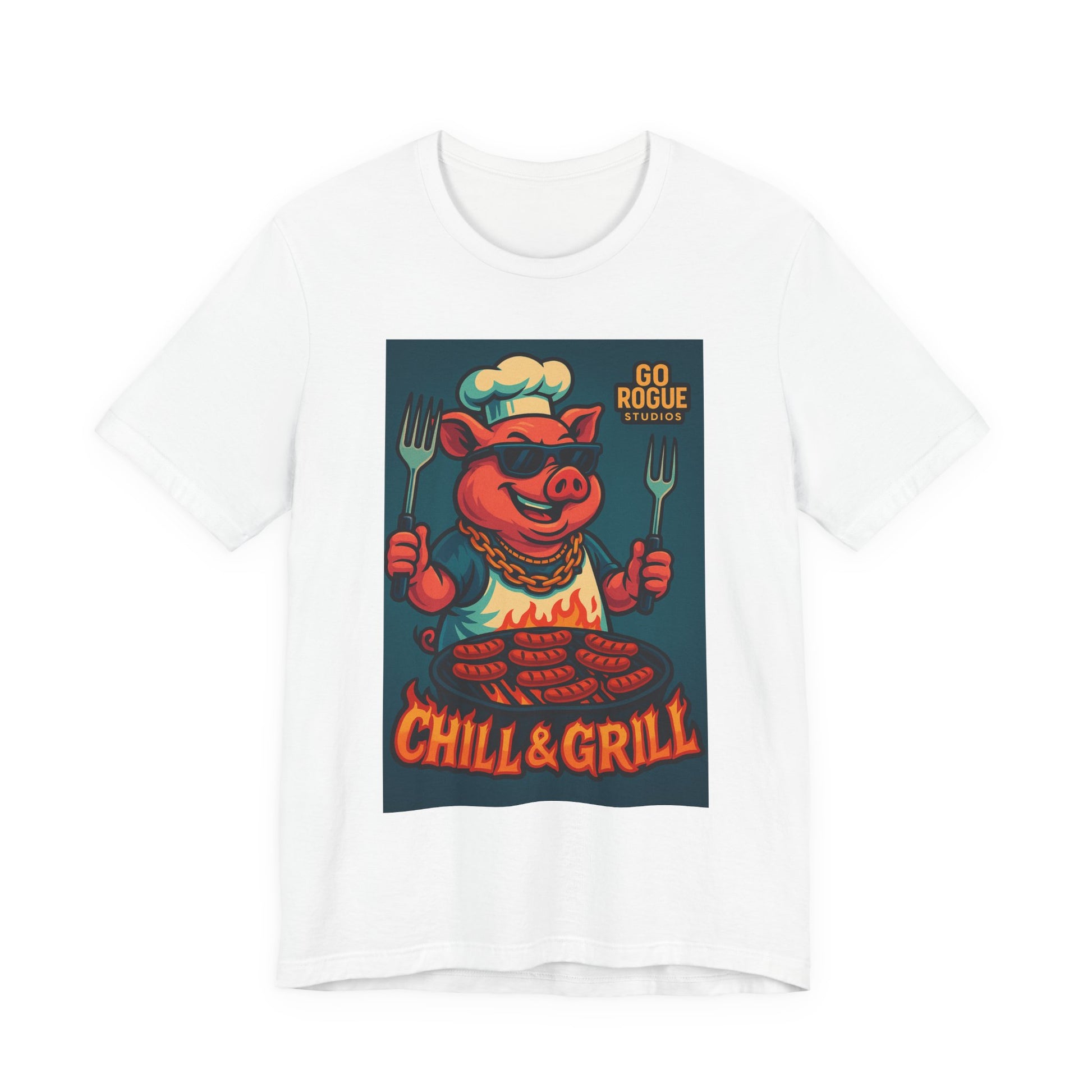 Vintage BBQ Pig Short Sleeve Tee, Chill & Grill Shirt, Funny Cooking T-Shirt, Great for BBQ Lovers, Summer Grill Gear, Chef Gift