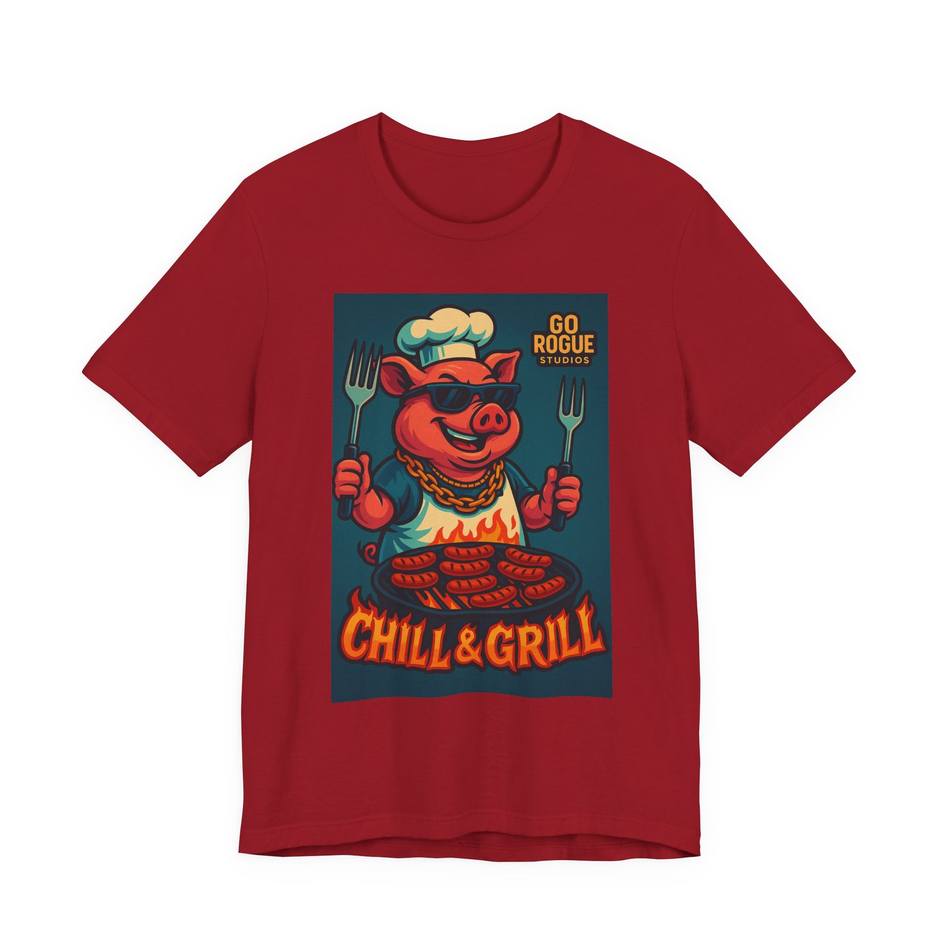 Vintage BBQ Pig Short Sleeve Tee, Chill & Grill Shirt, Funny Cooking T-Shirt, Great for BBQ Lovers, Summer Grill Gear, Chef Gift