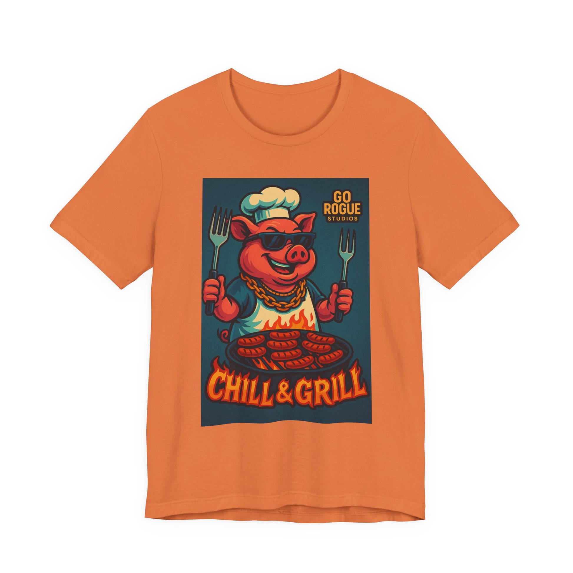 Vintage BBQ Pig Short Sleeve Tee, Chill & Grill Shirt, Funny Cooking T-Shirt, Great for BBQ Lovers, Summer Grill Gear, Chef Gift