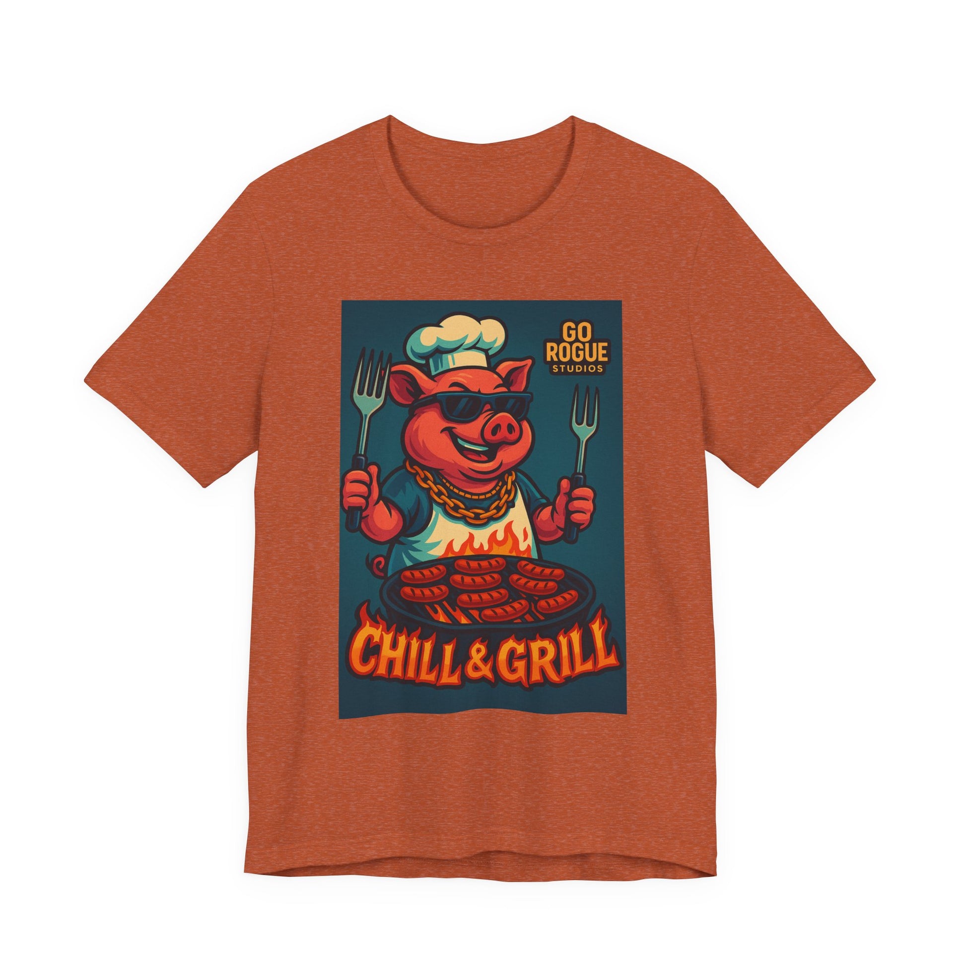 Vintage BBQ Pig Short Sleeve Tee, Chill & Grill Shirt, Funny Cooking T-Shirt, Great for BBQ Lovers, Summer Grill Gear, Chef Gift